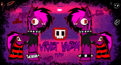 Size: 1220x660 | Tagged: safe, artist:xxv4mp_g4z3rxx, imported from derpibooru, oc, oc only, oc:violet valium, bat pony, pony, bags under eyes, bat pony oc, bat wings, clothes, collar, ear piercing, emo, eyeliner, fangs, folded wings, gauges, hospital band, makeup, nonbinary, piercing, pronouns, red eyes, reference sheet, scar, self harm, self harm scars, socks, solo, spiked collar, spiked wristband, tail, text, two toned mane, two toned tail, wings, wristband