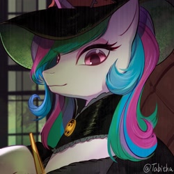 Size: 2048x2048 | Tagged: safe, artist:tabithaqu, imported from derpibooru, princess celestia, alicorn, pony, bust, clothes, female, hat, mare, portrait, solo, witch hat