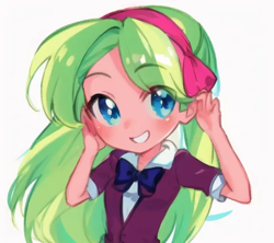 Size: 576x512 | Tagged: safe, editor:luckreza8, imported from derpibooru, lemon zest, human, equestria girls, ai content, ai generated, anime, cute, female, generator:pinegraph, happy, simple background, solo, white background, zestabetes