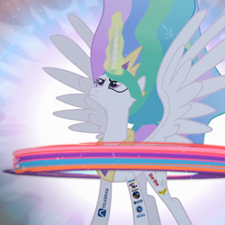 Size: 1080x1080 | Tagged: safe, edit, edited screencap, imported from derpibooru, screencap, princess celestia, alicorn, pony, princess twilight sparkle (episode), season 4, brasilsat, brazilian air force, brazilian space agency, castle, castle of the royal pony sisters, element of generosity, element of honesty, element of kindness, element of laughter, element of loyalty, element of magic, elements of harmony, embratel, female, flashback, globosat, glowing, magic, mare, organizações globo, rede globo, rocketia, solo, spread wings, telebras, wings