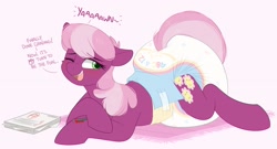 Size: 2900x1571 | Tagged: safe, artist:shuphle, imported from derpibooru, cheerilee, earth pony, pony, adult foal, blushing, carpet, cheeribetes, cute, diaper, diaper fetish, eyebrows, eyebrows visible through hair, female, fetish, high res, lying down, one eye closed, open mouth, open smile, pen, poofy diaper, prone, simple background, smiling, solo, sploot, tired, white background, yawn