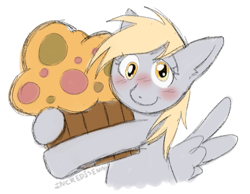 Size: 1117x867 | Tagged: safe, artist:incredisenn, imported from derpibooru, derpy hooves, pegasus, pony, blushing, colored, cross-eyed, derp, food, giant food, hug, muffin, simple background, sketch, smiling, solo, white background