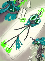 Size: 3000x4000 | Tagged: safe, artist:ja0822ck, imported from derpibooru, queen chrysalis, changeling, changeling queen, human, angry, eyeshadow, female, humanized, magic, makeup, mirror, paper, shapeshifting, squint, stick figure, telekinesis, throwing, vulgar