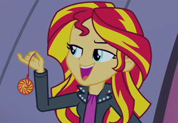 Size: 1551x1076 | Tagged: safe, edit, edited screencap, imported from derpibooru, screencap, sunset shimmer, human, equestria girls, rainbow rocks, cute, dreamworks face, female, food, hypnosis, hypnotic, hypnotist, open mouth, open smile, pendulum swing, smiling, sunset