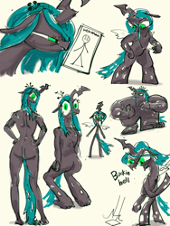 Size: 3000x4000 | Tagged: safe, artist:ja0822ck, imported from derpibooru, queen chrysalis, anthro, changeling, changeling queen, human, angry, eyeshadow, female, humanized, makeup, open mouth, paper, shapeshifting, solo, squint, stick figure, swole, throwing, vulgar