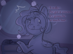 Size: 904x671 | Tagged: safe, anonymous artist, imported from derpibooru, pipp petals, pegasus, pony, series:misty pov, brush, chubby, comb, diadem, dialogue, eye clipping through hair, female, g5, hairbrush, implied misty brightdawn, limited palette, mane melody (location), mare, mirror, offscreen character, solo, unshorn fetlocks