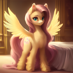 Size: 3072x3072 | Tagged: safe, edit, imported from derpibooru, fluttershy, pegasus, pony, ai content, ai generated, bed, chest fluff, cute, female, fluffy, long mane, looking at you, mare, shyabetes, smiling, solo, spread wings, wings