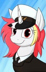 Size: 1461x2292 | Tagged: safe, artist:moonatik, imported from derpibooru, oc, oc only, oc:lazy sunday, unicorn, equestria at war mod, admiral, bust, female, hat, horn, mare, necktie, peaked cap, portrait, solo, unicorn oc