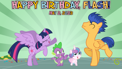 Size: 2063x1161 | Tagged: safe, artist:not-yet-a-brony, imported from derpibooru, flash sentry, princess flurry heart, spike, twilight sparkle, alicorn, dragon, pegasus, 2023, aunt and niece, birthday, dancing, friends, friendship, happy birthday, honorary uncle, it's alright, lyrics in the description, male, may, party, song in the description, song reference, stallion, twilight sparkle (alicorn), vincent tong, voice actor reference, winged spike, wings, youtube link in the description