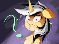 Size: 1552x1143 | Tagged: safe, artist:行豹cheetahspeed, imported from derpibooru, oc, oc only, oc:autumn trace, unicorn, black and white mane, facial expressions, horn, orange eyes, purple background, question mark, shocked, simple background, yellow skin