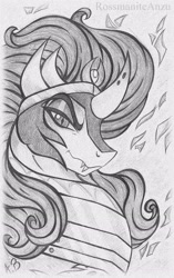 Size: 1445x2296 | Tagged: safe, artist:rossmaniteanzu, imported from derpibooru, king sombra, unicorn, antagonist, monochrome, pencil drawing, solo, traditional art