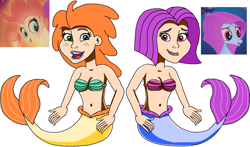 Size: 1167x685 | Tagged: safe, artist:ocean lover, imported from derpibooru, haven bay, salina blue, human, mermaid, seapony (g4), my little pony: the movie, bare shoulders, belly button, bra, duo, duo female, female, fins, fish tail, freckles, green eyes, human coloration, humanized, lips, lipstick, looking at each other, looking at someone, mermaid tail, mermaidized, mermay, midriff, open mouth, orange hair, purple eyes, reference sheet, seashell, seashell bra, short hair, simple background, smiling, species swap, tail, tail fin, white background