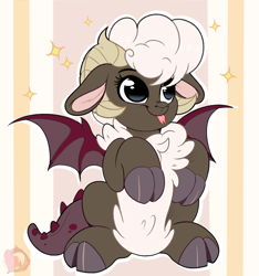 Size: 1670x1782 | Tagged: safe, artist:joaothejohn, imported from derpibooru, oc, dragon, original species, sheep, chest fluff, commission, cute, fluffy, horn, raised hoof, simple background, stars, tongue out, wings