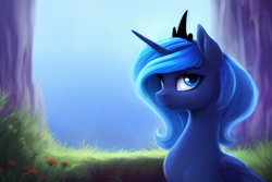 Size: 1920x1280 | Tagged: safe, derpibooru exclusive, editor:dovakkins, imported from derpibooru, princess luna, alicorn, pony, abstract background, ai content, ai generated, beautiful, blue sky, chest fluff, cute, ear fluff, female, generator:stable diffusion, grass, jewelry, looking back, messy mane, missing accessory, regalia, s1 luna, sitting, solo, wings