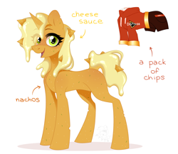 Size: 2300x2000 | Tagged: safe, artist:rtootb, imported from derpibooru, oc, oc only, unnamed oc, food pony, original species, pony, unicorn, blushing, character, cheese, chips, clothes, commission, concave belly, cute, cute smile, digital art, doritos, ears up, edible, eye clipping through hair, eyebrows, eyebrows visible through hair, female, food, green eyes, happy, high res, hoodie, horn, looking at you, mare, nachos, ocbetes, open mouth, open smile, ponified, reference sheet, sauce, shadow, shorts, signature, simple background, slimy, smiling, smiling at you, solo, text, unicorn oc, white background, yellow mane, yummy