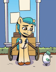 Size: 431x550 | Tagged: safe, idw, imported from derpibooru, hitch trailblazer, bird, earth pony, pony, spoiler:comic, spoiler:g5comic, spoiler:g5comic07, cart, duo, g5, headphones, kenneth, kenneth is not amused, male, stallion, unamused