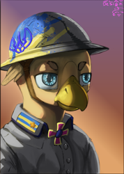 Size: 2296x3228 | Tagged: safe, artist:zlatdesign, imported from derpibooru, oc, oc only, oc:oleksander clawkiv, griffon, bust, clothes, cyrillic, gradient background, griffon oc, helmet, military pony, military uniform, painted, portrait, solo, ukrainian, uniform