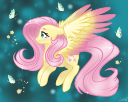 Size: 2000x1600 | Tagged: safe, artist:lostsheep, imported from derpibooru, fluttershy, butterfly, pegasus, pony, colored wings, cute, female, floppy ears, flower, flying, gradient wings, mare, shyabetes, solo, sparkles, wings