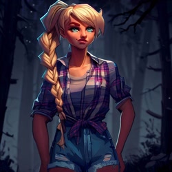 Size: 900x900 | Tagged: safe, imported from derpibooru, applejack, human, equestria girls, legend of everfree, ai content, ai generated, braid, clothes, denim, denim shorts, female, forest, generator:stable diffusion, humanized, night, shirt, shorts, solo, standing