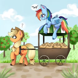 Size: 1280x1280 | Tagged: safe, artist:galaxy swirl, imported from derpibooru, applejack, rainbow dash, earth pony, pegasus, pony, apple, apple pie, appledash, cart, duo, female, food, pie, question mark, shipping, wagon