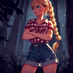 Size: 900x900 | Tagged: safe, imported from derpibooru, applejack, human, equestria girls, legend of everfree, ai content, ai generated, braid, clothes, crossed arms, denim, denim shorts, female, forest, generator:stable diffusion, humanized, night, shirt, shorts, solo, standing