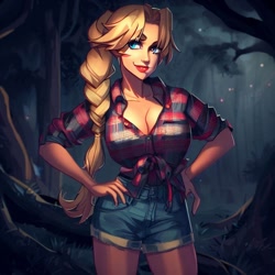 Size: 900x900 | Tagged: safe, imported from derpibooru, applejack, human, equestria girls, legend of everfree, ai content, ai generated, big breasts, braid, breasts, busty applejack, cleavage, clothes, denim, denim shorts, female, forest, generator:stable diffusion, hand on hip, humanized, night, shirt, shorts, solo, standing, wrong eye color