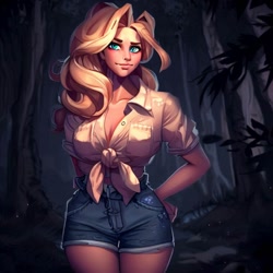 Size: 900x900 | Tagged: safe, imported from derpibooru, applejack, human, equestria girls, legend of everfree, ai content, ai generated, big breasts, breasts, busty applejack, clothes, denim, denim shorts, female, forest, generator:stable diffusion, hand on hip, humanized, night, shorts, solo, standing