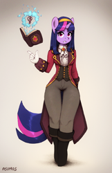 Size: 1276x1965 | Tagged: safe, artist:asimos, imported from derpibooru, twilight sparkle, anthro, book, clothes, fantasy, fantasy class, female, levitation, magic, mare, pants, solo, spellbook, telekinesis