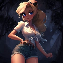 Size: 900x900 | Tagged: safe, imported from derpibooru, applejack, human, equestria girls, legend of everfree, ai content, ai generated, alternate hairstyle, belt, bow, breasts, cleavage, clothes, denim, denim shorts, female, forest, generator:stable diffusion, hair bow, hand on hip, humanized, looking at you, night, ponytail, shirt, shorts, smiling, smiling at you, solo, standing, wrong eye color