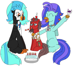 Size: 2669x2405 | Tagged: safe, artist:supahdonarudo, imported from derpibooru, oc, oc only, oc:icebeak, oc:ironyoshi, oc:sea lilly, classical hippogriff, hippogriff, unicorn, birthday, cake, camera, candle, excited, food, glass, hand on shoulder, hat, jewelry, necklace, noisemaker, party hat, sad, simple background, sitting, transparent background, wine glass