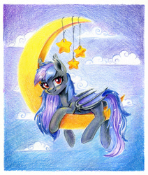 Size: 1018x1200 | Tagged: safe, artist:maytee, imported from derpibooru, oc, oc only, oc:stellar wind, bat pony, pony, bat pony oc, cloud, colored pencil drawing, commission, crescent moon, lying down, moon, night, night sky, prone, red eyes, sky, stars, tangible heavenly object, traditional art, ych result