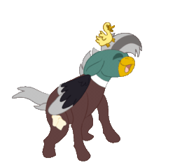 Size: 575x542 | Tagged: safe, alternate version, artist:euspuche, imported from derpibooru, oc, oc only, oc:duk, duck pony, pegasus, alternate character, animated, clothes, commission, dance till you die dog, dancing, female, gif, hat, necktie, quack, shirt, simple background, smiling, solo, transparent background, vest