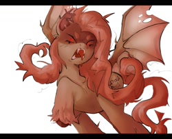 Size: 1600x1300 | Tagged: safe, artist:kirbscuit, imported from derpibooru, fluttershy, bat pony, pony, bat ponified, bat wings, fangs, flutterbat, open mouth, race swap, red eyes, simple background, solo, spread wings, white background, wings