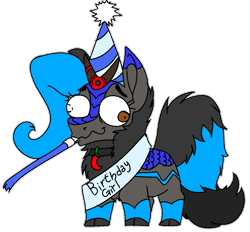 Size: 1293x1200 | Tagged: safe, artist:brainiac, imported from derpibooru, oc, oc:heccin pepperino, kirin, birthday, collar, female, hat, mare, party hat, party horn, sash, simple background, solo, transparent background