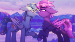 Size: 2560x1440 | Tagged: safe, artist:shad0w-galaxy, imported from derpibooru, oc, oc only, oc:ruffled quill, oc:shadow galaxy, pegasus, pony, blurry background, blushing, chest fluff, chromatic aberration, duo, ear fluff, ethereal mane, female, folded wings, glasses, hooves, in love, looking at each other, looking at someone, male, mare, mountain, mountain range, smiling, stallion, starry mane, unshorn fetlocks, wings