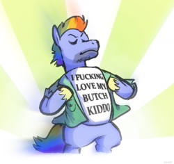 Size: 1485x1404 | Tagged: safe, artist:punkittdev, imported from derpibooru, bow hothoof, pegasus, pony, bipedal, clothes, eyes closed, implied rainbow dash, male, open clothes, open shirt, scene interpretation, solo, stallion, vulgar