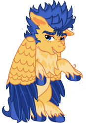 Size: 694x1000 | Tagged: safe, artist:tigerbeetle, derpibooru exclusive, imported from derpibooru, flash sentry, pegasus, alternate design, chest fluff, cloven hooves, colored wings, freckles, male, markings, scrunchy face, simple background, solo, stallion, two toned wings, unshorn fetlocks, white background, wings