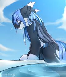 Size: 1540x1800 | Tagged: safe, alternate version, artist:snowstormbat, imported from derpibooru, oc, oc:midnight snowstorm, bat pony, pony, clothes, fluffy, speedo, swimming pool, swimsuit, water, wet