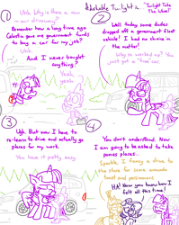 Size: 4779x6013 | Tagged: safe, artist:adorkabletwilightandfriends, imported from derpibooru, moondancer, spike, starlight glimmer, twilight sparkle, alicorn, dragon, pony, unicorn, comic:adorkable twilight and friends, adorkable, adorkable twilight, automobile, car, comic, cute, dork, eyes closed, female, humor, male, mare, minivan, responsibilities, slice of life, smiling, trunk, twilight sparkle (alicorn), upset, van, wings, work