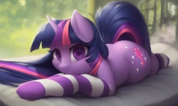 Size: 1280x768 | Tagged: safe, generator:ponydiffusion, imported from derpibooru, twilight sparkle, pony, unicorn, ai content, ai generated, bed, chonk, clothes, forest background, generator:purplesmart.ai, generator:stable diffusion, looking at you, lying down, prone, purple eyes, purple hair, socks, solo, striped socks, unicorn twilight, wings