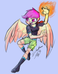 Size: 2269x2872 | Tagged: safe, artist:shadowhawx, imported from derpibooru, scootaloo, human, equestria girls, blue background, female, fire, fire magic, high res, open mouth, open smile, partially open wings, signature, simple background, smiling, solo, winged humanization, wings