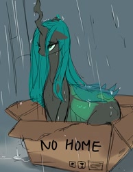 Size: 690x891 | Tagged: artist needed, source needed, safe, imported from derpibooru, queen chrysalis, changeling, changeling queen, cardboard box, changeling in a box, female, homeless, rain, sad, solo