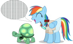 Size: 2739x1659 | Tagged: safe, artist:sersys, rainbow dash, tank, alternate hairstyle, annoyed, annoying, backslash, bow, bowtie, clothes, reference, sailor uniform, simple background, skirt, speech bubble, text, transparent background, uniform