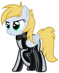 Size: 2776x3459 | Tagged: source needed, safe, alternate version, artist:severity-gray, imported from twibooru, oc, oc only, oc:cutting chipset, pegasus, pony, choker, determined, female, folded wings, furrowed brow, gray coat, green eyes, image, latex, latex suit, looking forward, mare, png, raised hoof, rule 63, show accurate, side view, simple background, smiling, solo, standing, transparent background, wings, yellow mane, yellow tail