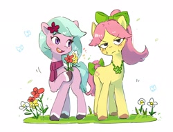 Size: 3000x2300 | Tagged: safe, artist:fuyugi, imported from derpibooru, earth pony, pony, adoraposey, adordahlia, blushing, bow, coat markings, cute, dahlia, flower, flower in hair, g5, hair bow, jewelry, necklace, open mouth, open smile, posey bloom, simple background, smiling, socks (coat markings), tail, tail bow, unamused, unshorn fetlocks, white background