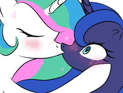 Size: 2048x1536 | Tagged: safe, artist:natzumicore, imported from twibooru, princess celestia, princess luna, alicorn, pony, blushing, eyes closed, female, horns, image, incest, kissing, lesbian, mare, png, princest, royal sisters, shipping, siblings