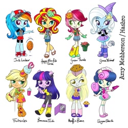 Size: 1080x1080 | Tagged: safe, artist:amy mebberson, imported from twibooru, applejack, bon bon, derpy hooves, rainbow dash, roseluck, sci-twi, sunset shimmer, sweetie drops, trixie, twilight sparkle, epic fails (equestria girls), eqg summertime shorts, equestria girls, equestria girls series, good vibes, shake things up!, basketball, card, clothes, concept art, doll, equestria girls minis, food, hasbro, image, milkshake, muffin, needs more jpeg, official, ponied up, simple background, sports, sunset sushi, toy, white background