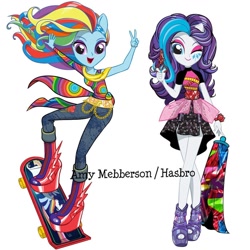 Size: 1080x1080 | Tagged: safe, artist:amy mebberson, imported from twibooru, rainbow dash, rarity, equestria girls, alternate hairstyle, belt, clothes, cutie mark, cutie mark on clothes, cutie mark on equestria girl, eyeshadow, hasbro, image, lipstick, makeup, multicolored hair, needs more jpeg, official, one eye closed, open smile, peace sign, ponied up, scissors, simple background, skateboard, stock vector, white background, wink