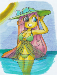 Size: 1280x1679 | Tagged: safe, artist:shadowhawx, imported from derpibooru, fluttershy, human, equestria girls, belly button, breasts, busty fluttershy, clothes, eye clipping through hair, grin, hat, sky, smiling, solo, sun, swimsuit, traditional art, water