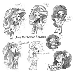 Size: 1080x1080 | Tagged: safe, artist:amy mebberson, imported from twibooru, applejack, rarity, sunset shimmer, human, equestria girls, angry, concept art, cucumber, doll, equestria girls minis, food, hasbro, horn, horned humanization, humanized, image, mud mask, needs more jpeg, official, open smile, ponied up, ponytail, rarity's glasses, sitting, sketch, squee, toy